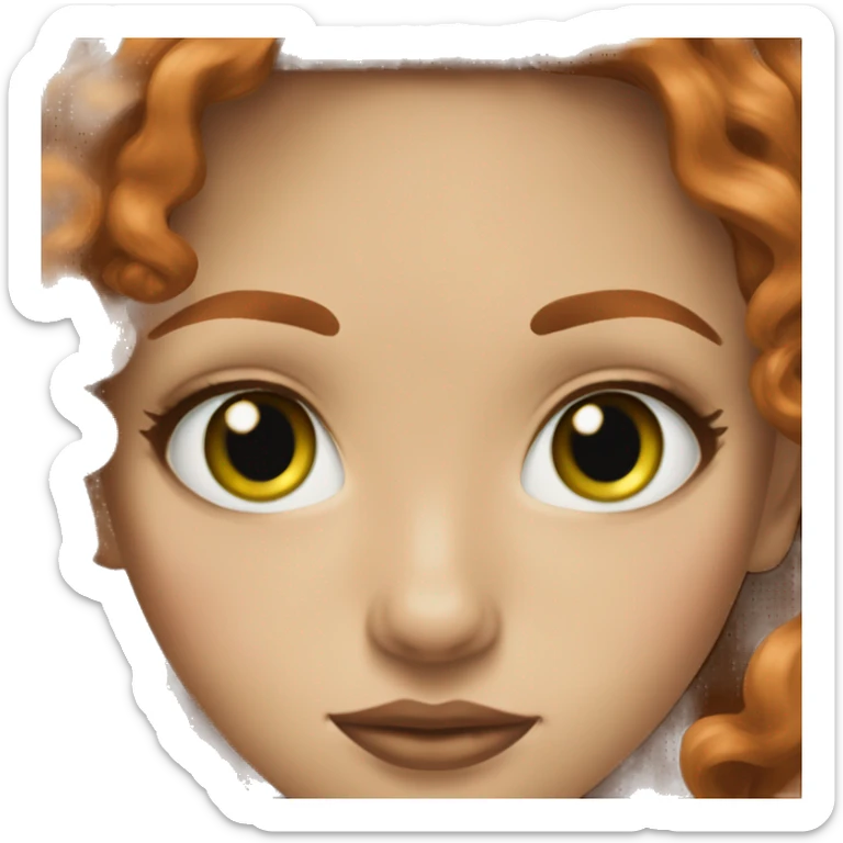 green eyes young woman central, small nose redhead long hair layers loose curls freckles brown lipstick sticker