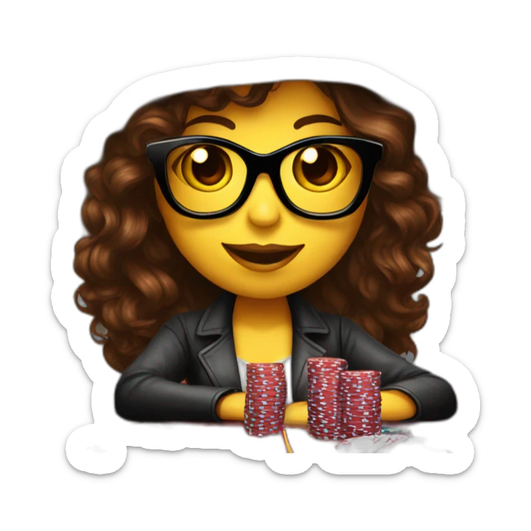 female with dark sunglasses brown wavy hair playing poker with a poker dealer hat sticker