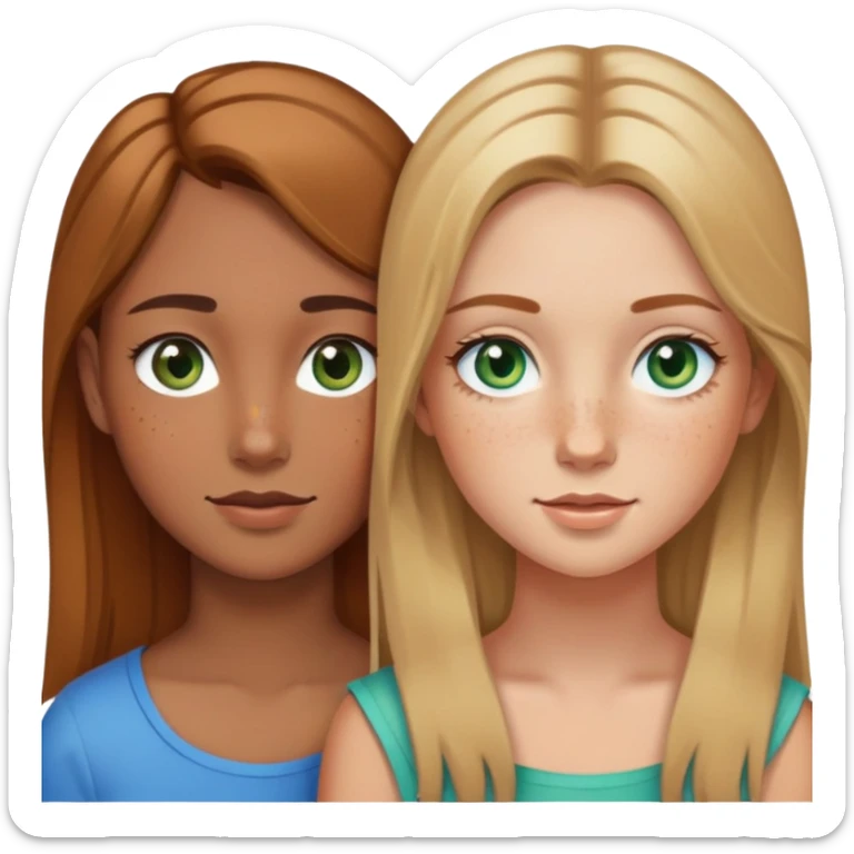 Two bestfriends one she is White whit green/blue eyes and hair hair ist a light brown blonde and the other one she is Latin has brown hair and brown eyes and has a signal in her left cheek and  litle freckles  sticker