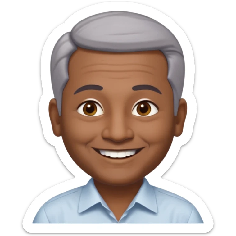 50 yr old indian man, dark skin, grey hair, big smile, white teeth, chubby, no moustache, clean shaven, young style hair, hair brushed back, 5 oclock shadow, bindy, dress shirt, forehead dot, chubby, religious sticker