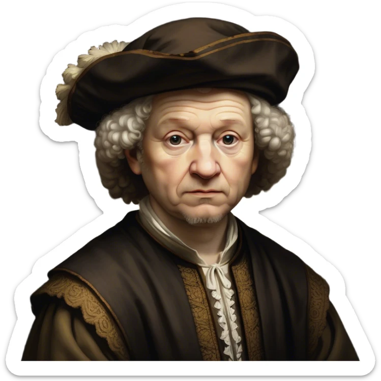 Cinematic Realistic portrait of Rembrandt, shown as a master artist with deep, introspective eyes and richly detailed period clothing, rendered with dramatic chiaroscuro lighting that emphasizes his legacy sticker