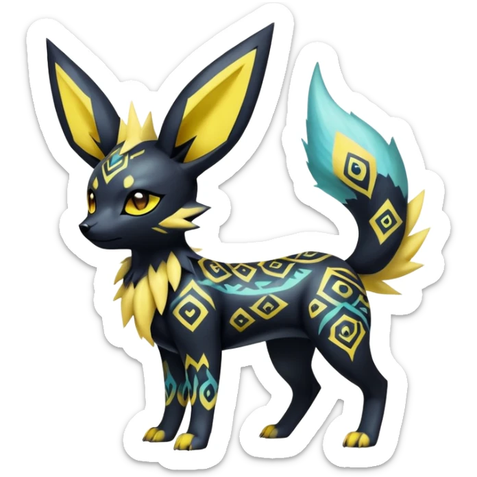 Shiny Exotic Badass Colorful Ethereal Royal Mysterious Gothic Umbreon-Jolteon-Pokémon-Fakémon-hybrid-creature (full body) with pattern-markings sticker