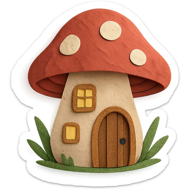 mushroom-shaped house with glowing lights, forest fairy tale vibe, paper-craft style sticker