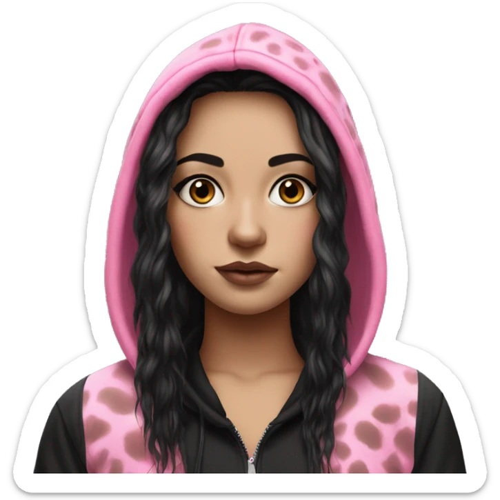 Hyperrealistic white girl with long black hair with a pink fringe and has eye makeup on, she is wearing a black and leopard print hoodie  sticker