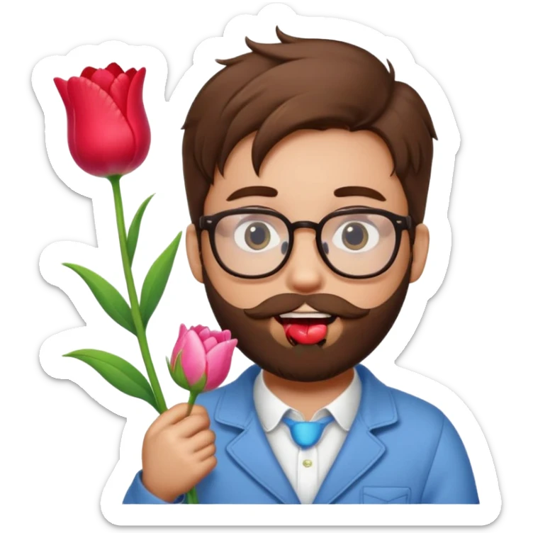 Brown hair guy and a heart shaped eyes with his tongue out with a beard and glasses with a hello kitty and a tulip in his hand   sticker