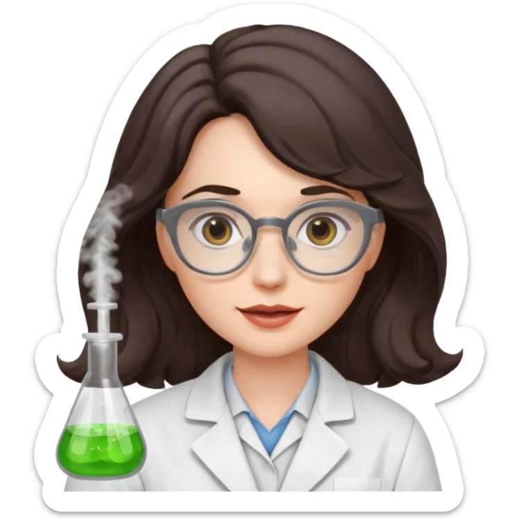 A crazy female scientist, with wavy dark brown hair, brown eyes and grey glasses and pale skin  sticker