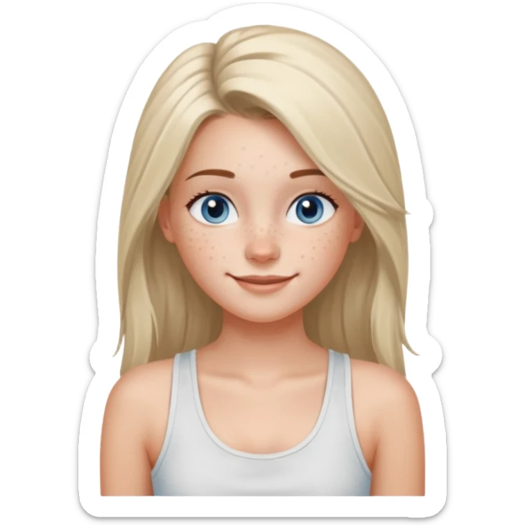 Una chica de tez blanca con pecas, nariz respingada, labios gruesos, ojos grandes color azul grisáceo, pelo largo, lacio, color avellana. Con una blusa de tirantes blanca. Que este sonriendo y q solo se vea de la cintura hacía arriba sticker