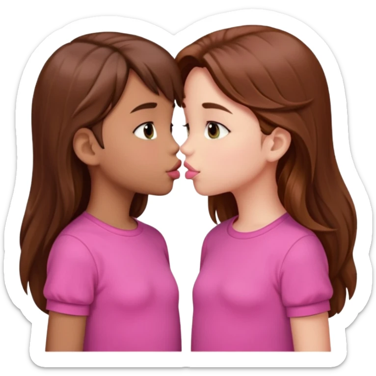 two 5 year old gals about to kiss on the lips, lips extremely close but not touching, pink shirts, long brown hair sticker