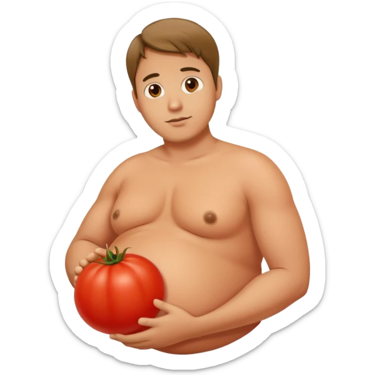 very pregnant man with a round red tomato as his pregnant belly sticker