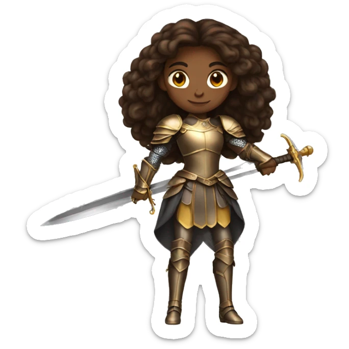 black lady knight long brown hair golden eyes tan skin holding a sword sticker