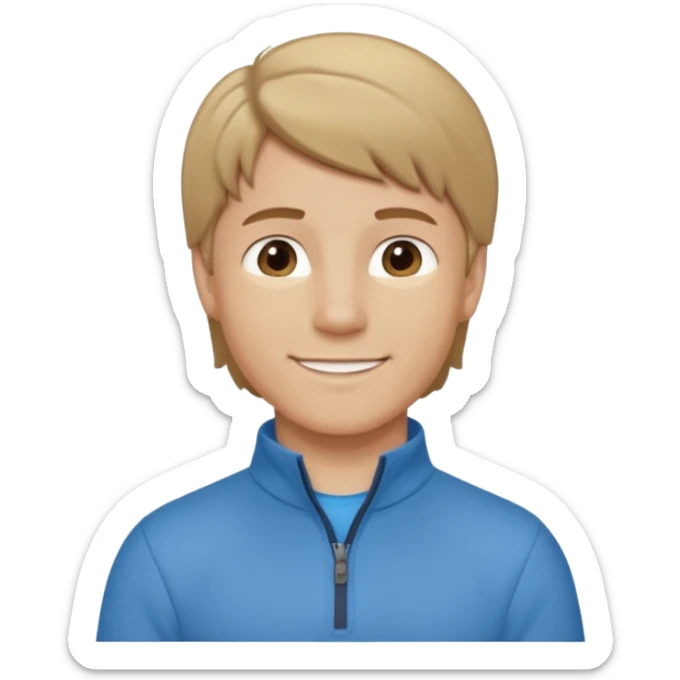 boy with dark blonde hair in a mullet with a neat blue undershirt and brown quarter zip sticker