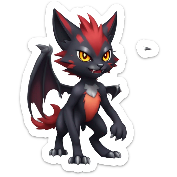   cool edgy beautiful fantasy anime-style dark animal vampiric Litten-Zoroark-cat-hybrid Fakemon with big fangs and bat-ears full body sticker