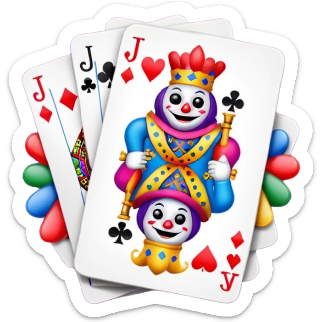 bunch of 3 poker cards, with crazy colorful jolly jokers inside sticker