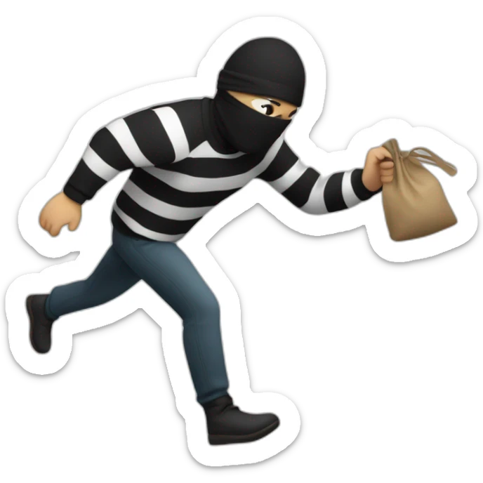 A robber runs away with a bag of money wearing a striped sweater, black pants and a blindfold. sticker