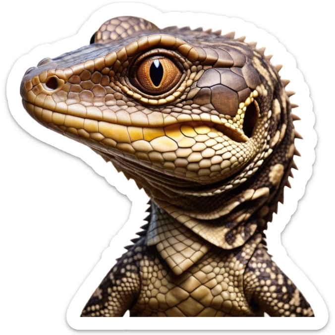 Cinematic Comical brown camo spotted monitor Lizard Portrait Emoji, Head tilted dramatically with an exaggeratedly shocked expression, featuring a robust, patterned body with wide, comically expressive eyes full of humorous disbelief, Simplified yet hilariously expressive features, highly detailed, glowing with a slightly sassy glow, high shine, dramatic yet playful, stylized with an air of quirky reptilian attitude, soft glowing outline, capturing the essence of a meme-worthy brown camo spotted monitor lizard that looks ready to side-eye its way into viral fame! sticker