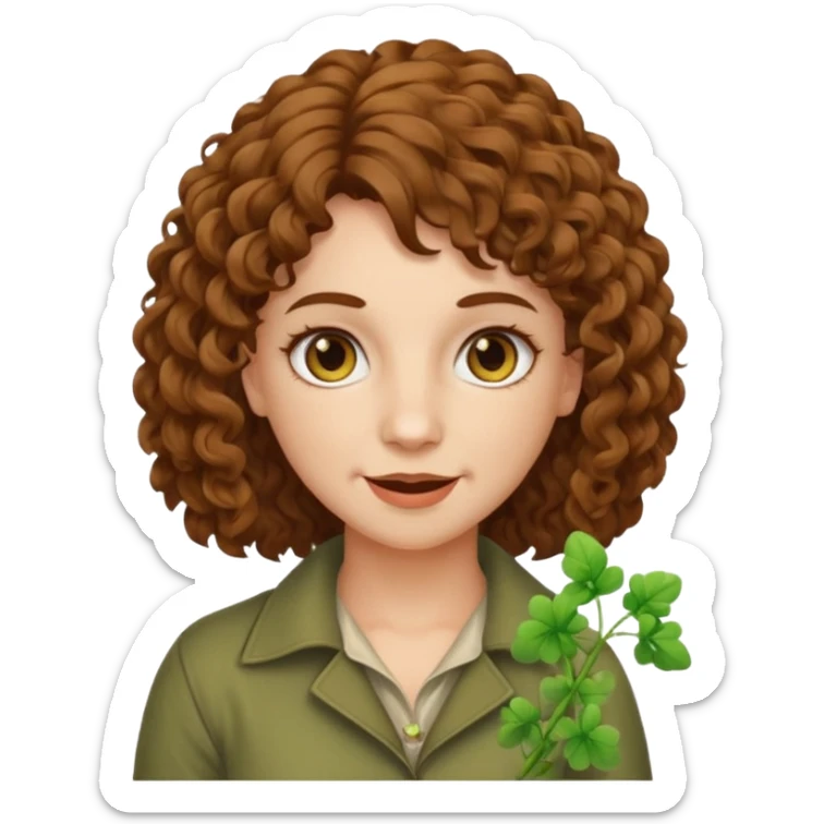 bust woman short curly brown mullet hair brown eyes white skin chewing clover stem, sarcastic grin sticker