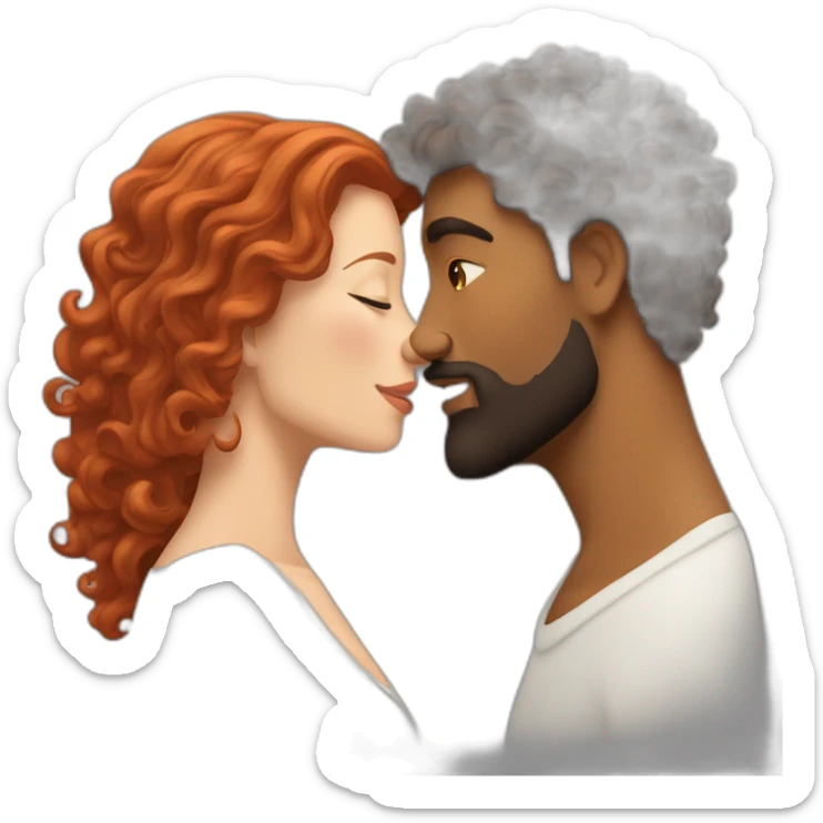 Brown man with a smooth hair cut fade and a beard kissing a White woman with long red curly hair sticker
