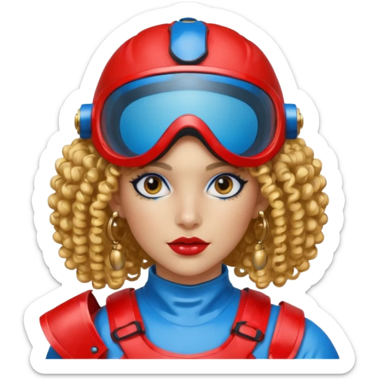 blue curly haired girl with huge earrings, wearing red paintball helmet and eye protection, only face  sticker