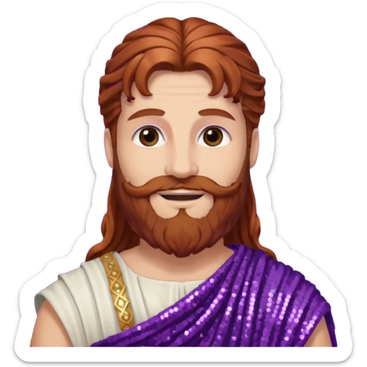 Liber from Roman Deities with long auburn hair and beard, purple sequin toga sticker