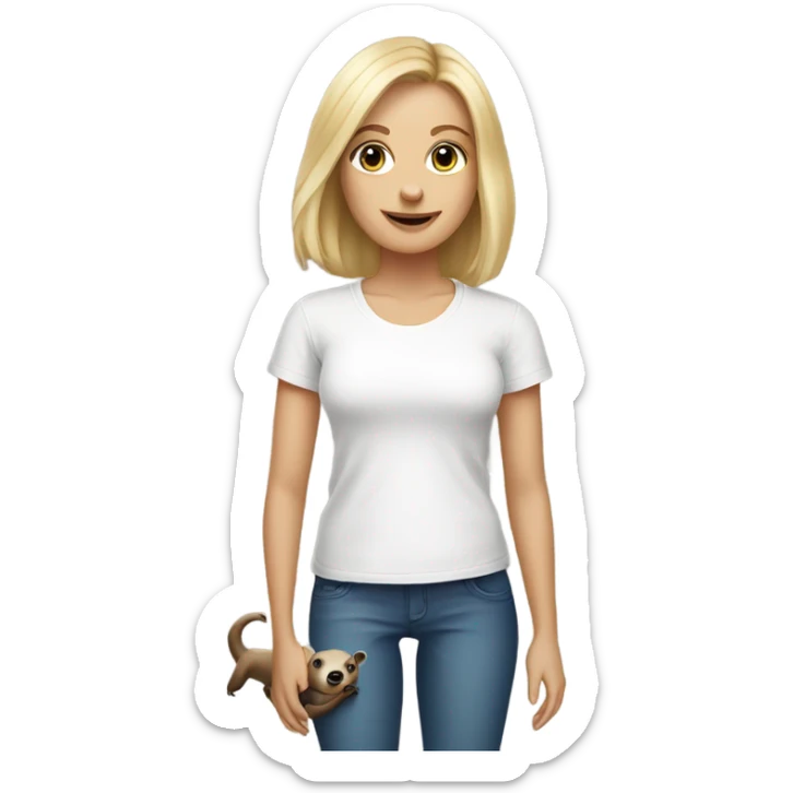 Lady with shoulder length blonde hair and blue eyes in white t-shirt holding a sloth sticker