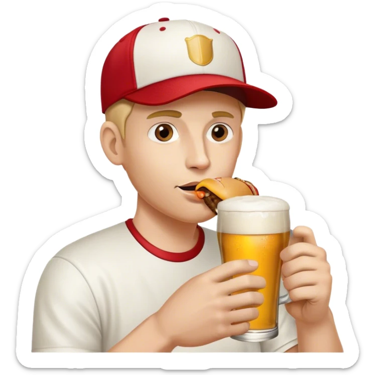 hipster flat bill baseball cap wearing man sipping on a pint of beer holding a half eaten hamburger in the other hand sticker