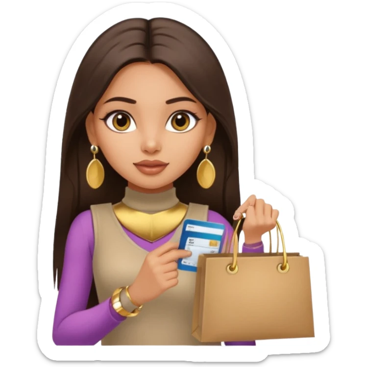 a pretty bratz fair indian girl wearing a beige sleeveless turtleneck, golden earrings, straight ling hair, holding bank cards, dark brown hair, carrying shopping bags sticker