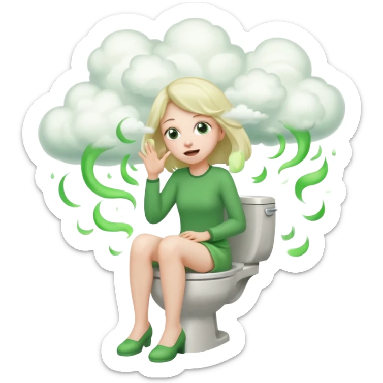 Girl on toilet with green fart clouds around here, she looks relieved sticker