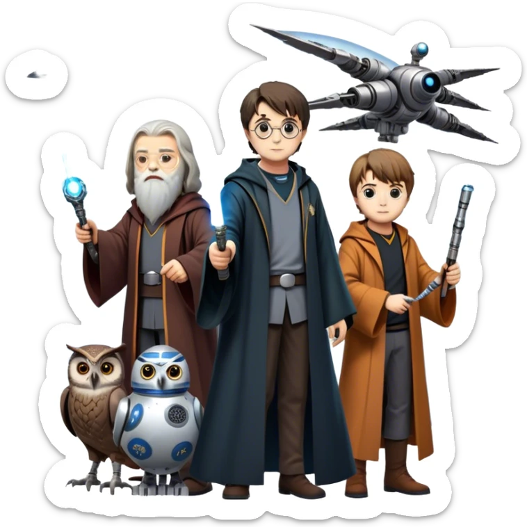 Icon for Fantasy and Sci-Fi Movies: Collage featuring Harry Potter with his wand, Dumbledore, Luke Skywalker with a lightsaber, and futuristic robots. Background with a magical planet, Hogwarts, flying owls, and spaceships. Epic and magical atmosphere. Transparent background. sticker
