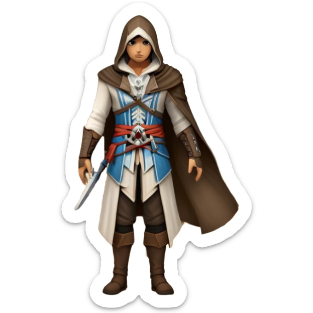 icon featuring Assasin's Creed in an iconic assassin's hood, standing tall against the backdrop of Florence. The design captures the essence of adventure, with intricate details of historical architecture and a sense of mystery. The character is poised, ready for action. transparent background. sticker