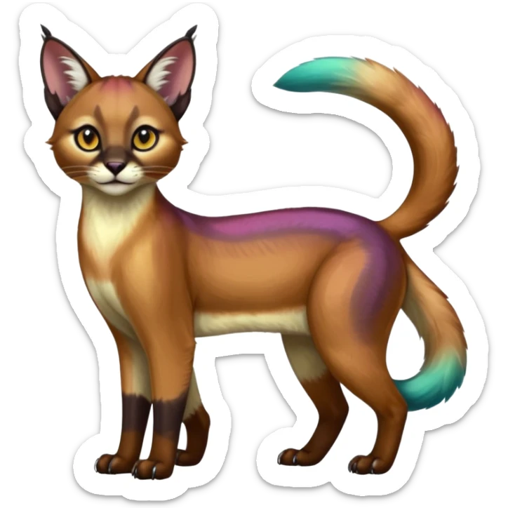 Colorful iridescent Asian painted anime-styled big-eyed shiny glorious divine marked exotic cool beautiful realistic caracal-civet-sergal-oncilla-animal-Fakémon-hybrid-fursona (full body) sticker