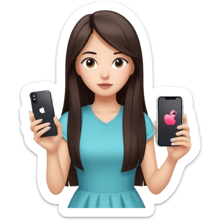 woman with long straight dark brown black hair holding an iPhone recording a TikTok video facing camera focused expression casual dress well lit indoor sticker