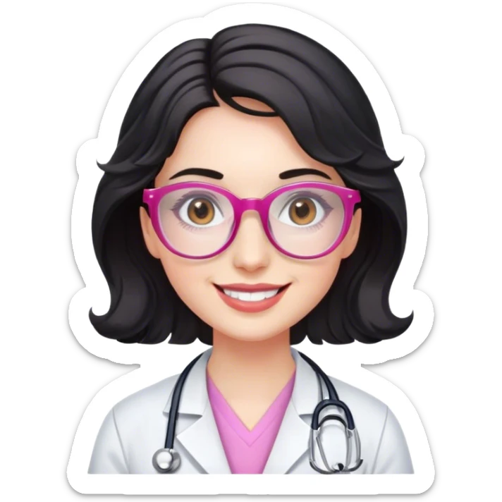 smiling doctor woman, brown eyes, white skin, long black wavy short hair with pink translucent glasses sticker