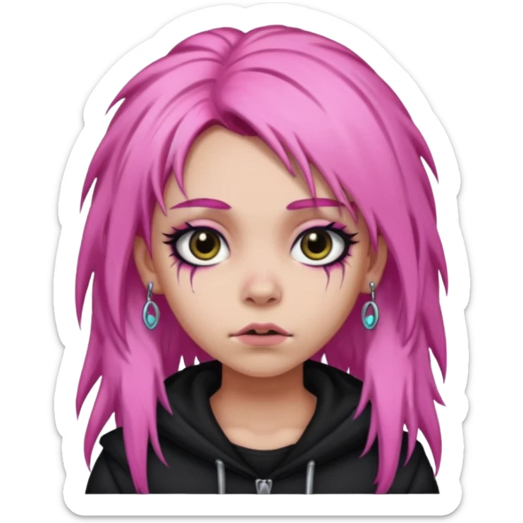 girl,lightsinvampire, pink hair, very longhair , shaggy, dark, spooky,double eyebrow dermal piercing, creepy expression sticker