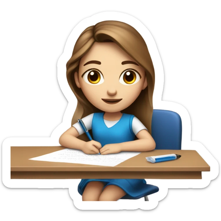 White Smart brown hair girl with blue eyes and light skin on a desk writing on a piece of paper  sticker