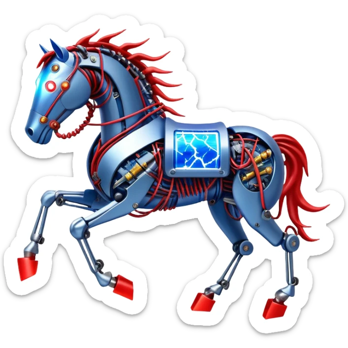 Fast running electric horse made of electricity, metal plates, bolts, blue and red wires, with lightning emanating from its body sticker
