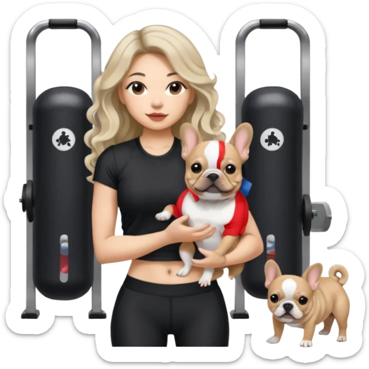 An Asian Lady With Long, Loose Curls, Ash Blonde Balayage Hair, In A Black Gym Outfit, Holding A French Bulldog sticker