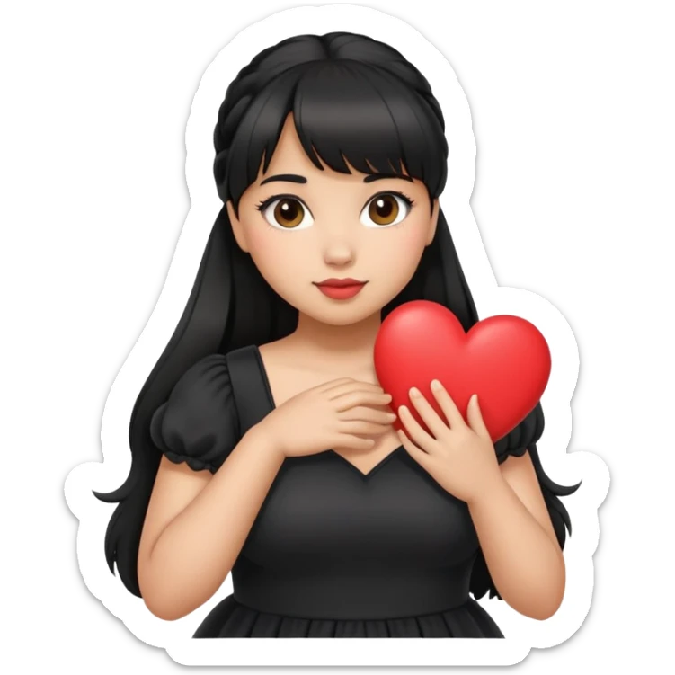 Latina girl with bangs black long hair in pony tail plus size black dress holding a heart sticker