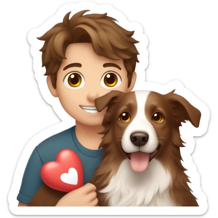 boy with brown hair holding a light brown border collie with love hearts around them  sticker