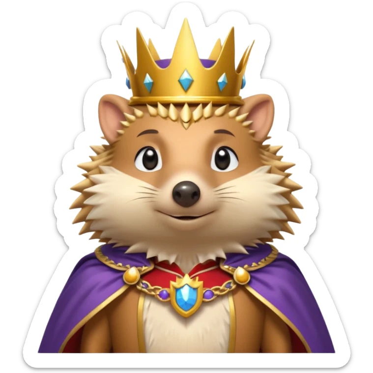 king hedgehog portrait, head and shoulders only, wearing a small golden crown, royal cape collar, proud confident expression, cute spiky fur details, fantasy royal vibe, 3D cartoon, mobile game icon style, clean background, no text, no watermark
 sticker