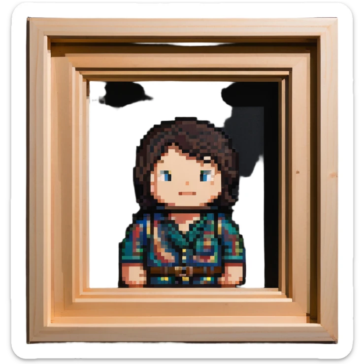 A pixelated portrait of a man in a wooden picture frame sticker