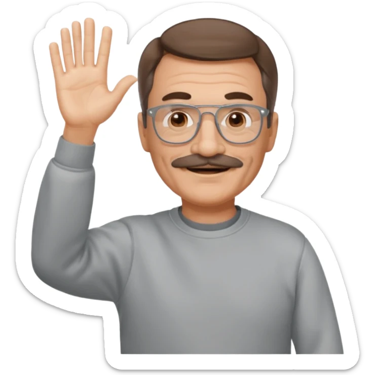 60 yr man partial brown hair parted in center, mustache, light glasses, sweatshirt waving hello sticker