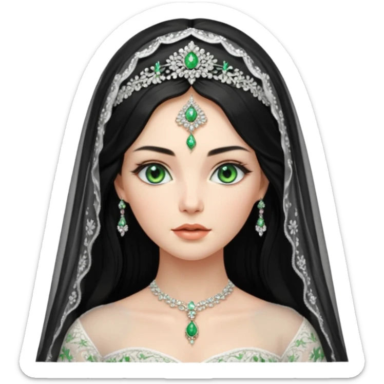 Hyper Realistic ornate ballgown long sleeve Wedding dress with diamanté on Russian bride with green eyes and long black hair with veil hyper realistic  sticker