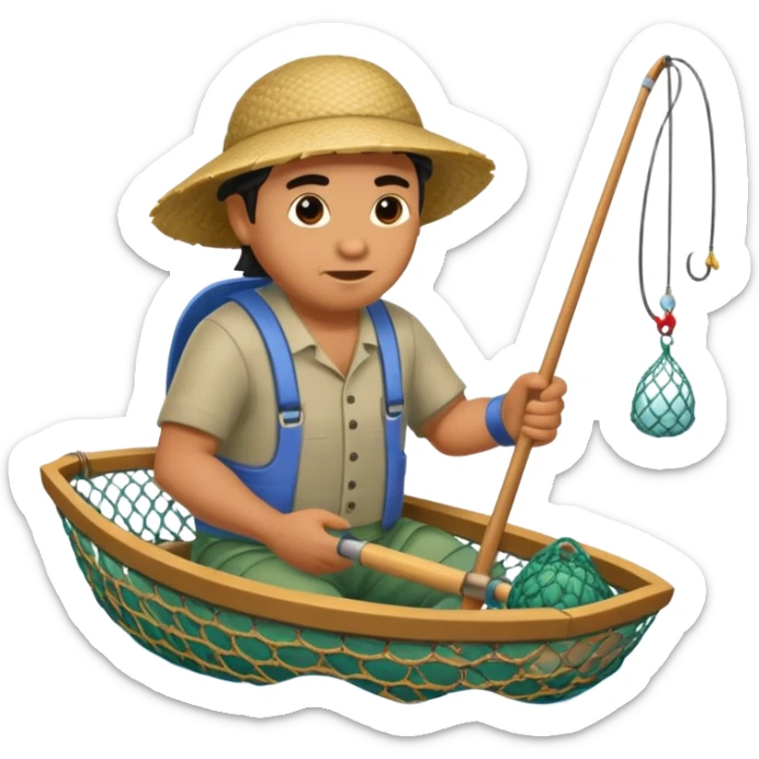 A Polynesian fisherman in the water fishing with a net. sticker