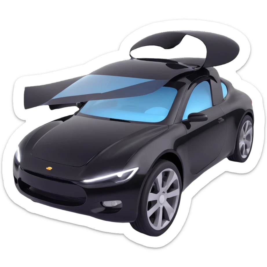 modern and clean glossy black car with a light gray or transparent curved film in motion, partially floating above and partially adhering to the car, film clearly visible with a reflective edge showing the action of being applied sticker
