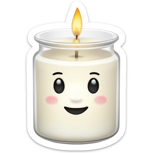minimal flat emoji of a white scented candle in a glossy white glass jar with the write “cotton”, soft warm glow, clean vector style, elegant and modern, transparent background lux style sticker