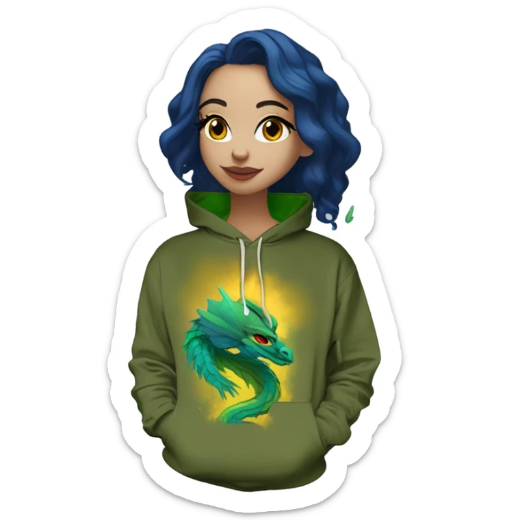420 Lady with brunette and iridescent blue hair, hemp, gold, green dragon wings, maroon hoodie, 420, black and gold Nike t shirt, and bright red eyes sticker