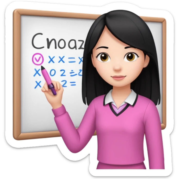 a girl with black straight like hair wearing pink not hot pink 2 piece set teaching up on a board sticker