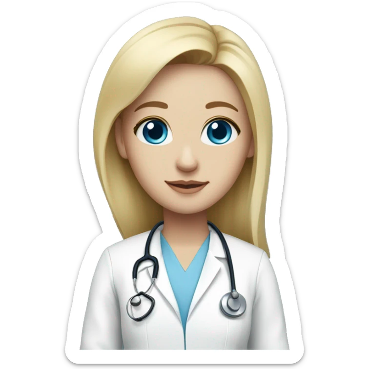 Blonde doctor with blue eyes, light skin, wearing baby blue scrubs and doctor white coat sticker