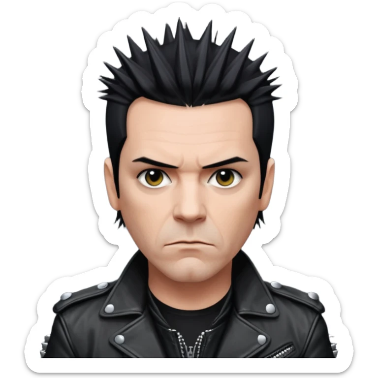 Richard Kruspe, guitarist of Rammstein, signature spiky dark hair, intense gaze, black leather jacket sticker