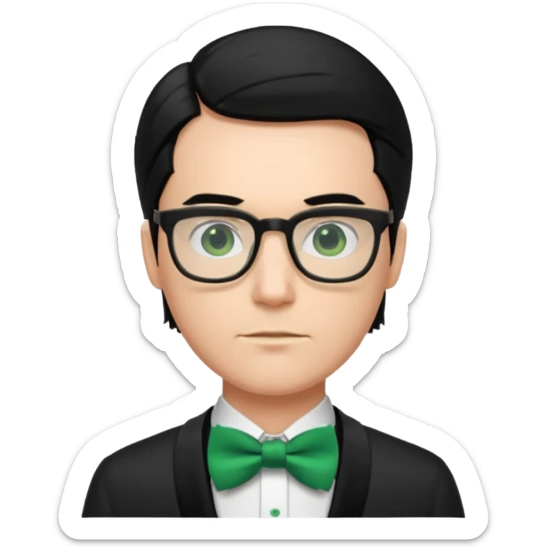 A male nerd with glasses and shoulder length black hair slicked back and wear Green Bow Tie sticker